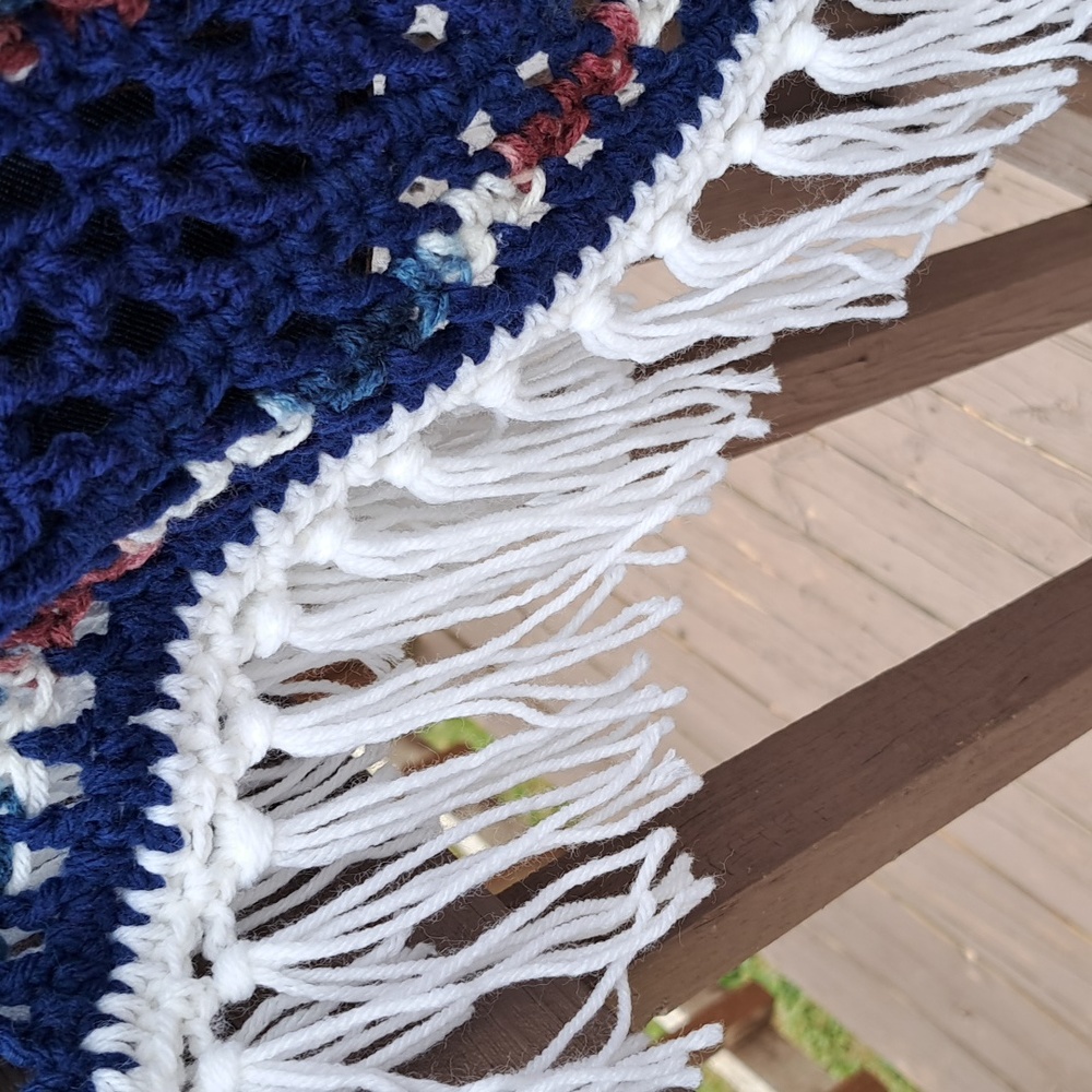 Hand Crafted Crochet Chunky Navy Blue White Burgundy Poncho Essential Boho - Picture 4 of 13